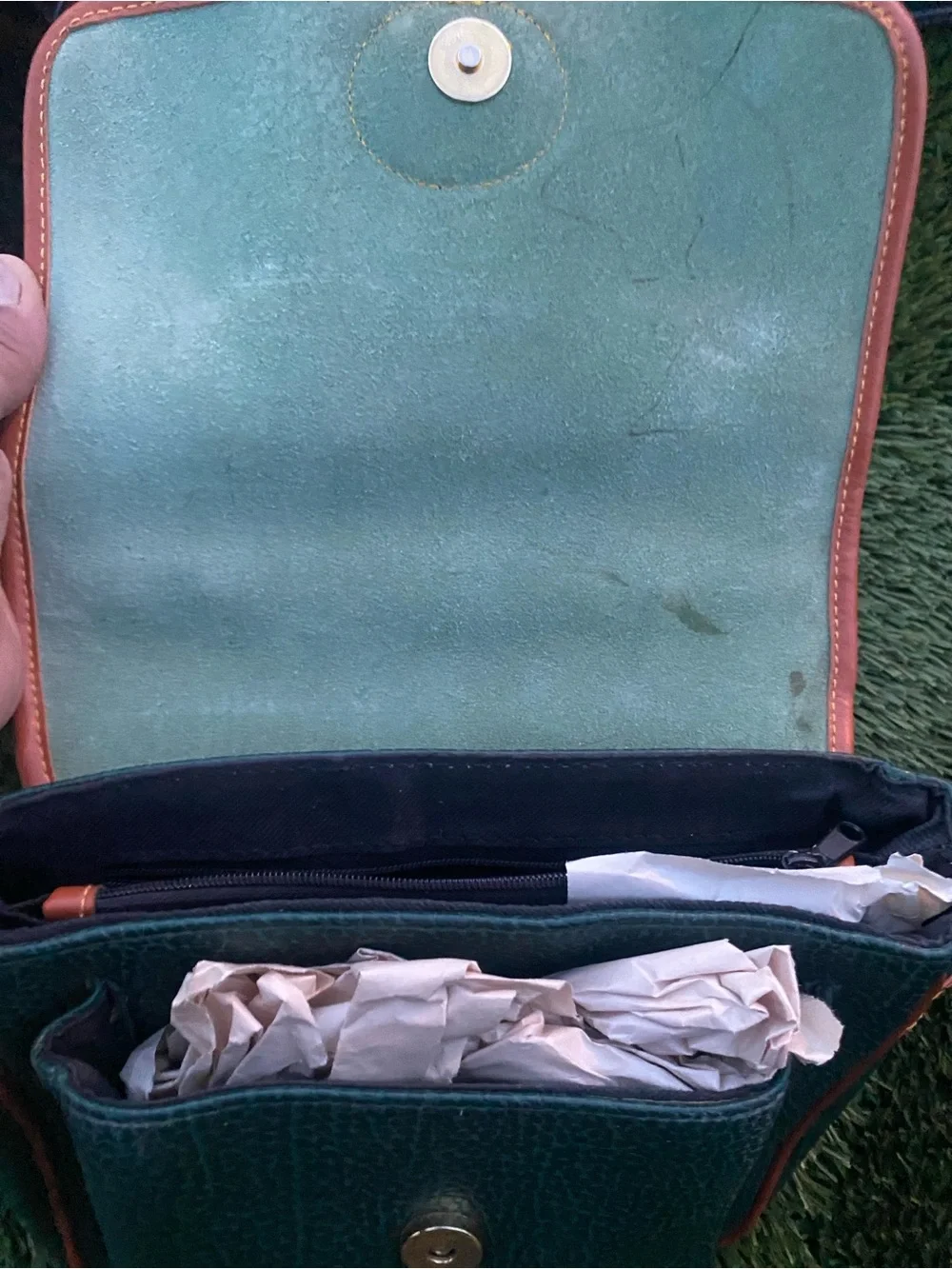Dooney & Bourke Dark Green Pebbled Leather Crossbody with Tan Trim